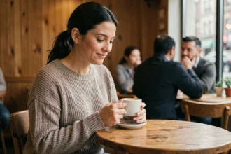 Femme célibataire pensive dans un café tenant une tasse de café, reflétant sur sa vie amoureuse et la signification du 19h19