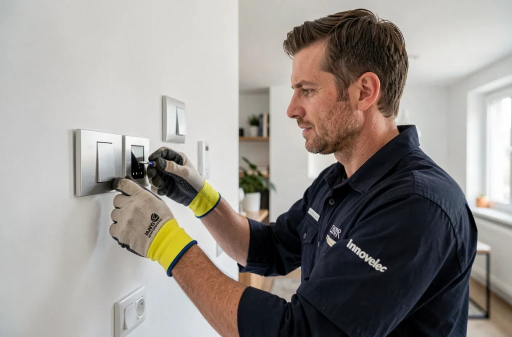 Technicien Innovelec installant des équipements domotiques dans une maison moderne à Strasbourg