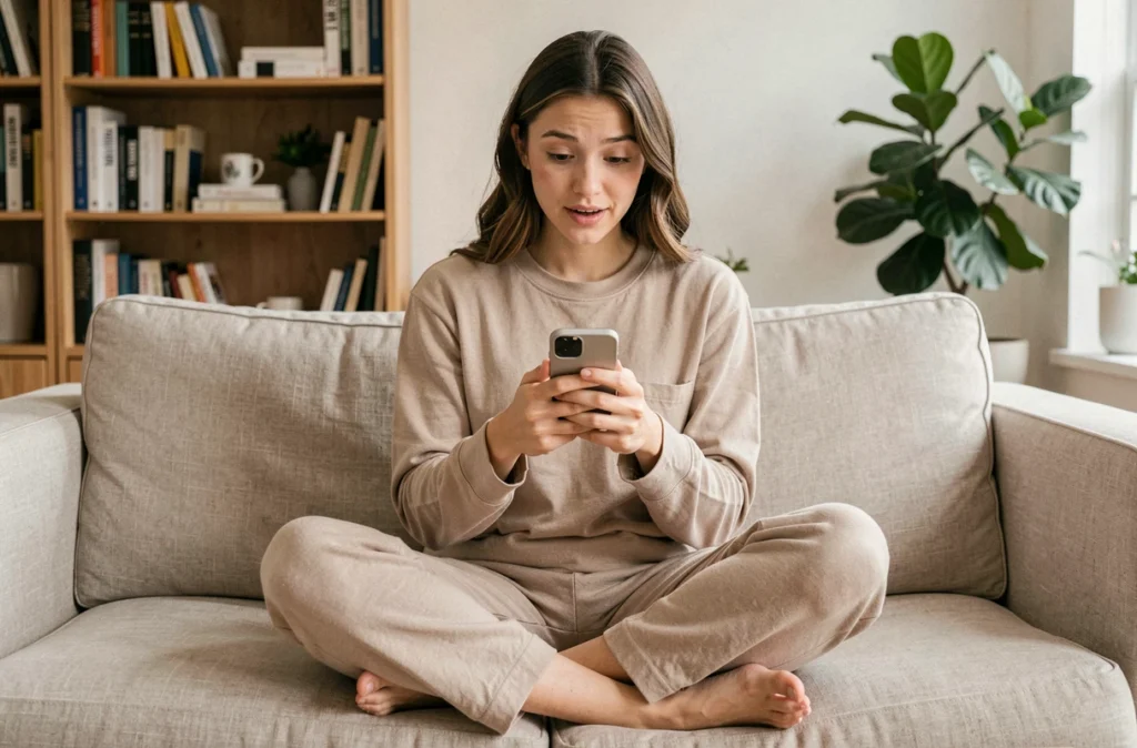 Jeune femme célibataire chez elle regardant son téléphone avec espoir, illustrant la quête amoureuse et la signification spirituelle du 19h19