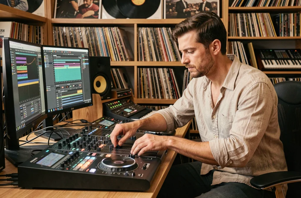 Musicien et DJ du Vinyl De Jupiter dans un studio de composition musicale à Nantes entouré de vinyles et synthétiseurs