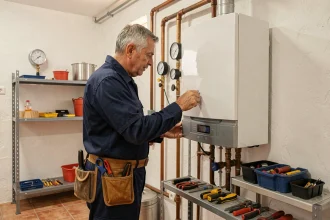 Technicien chauffagiste professionnel inspectant une chaudière moderne dans le Gard