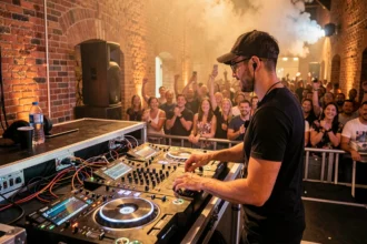 DJ professionnel sur scène dans une grande salle de concert des Pays de la Loire avec foule en arrière-plan