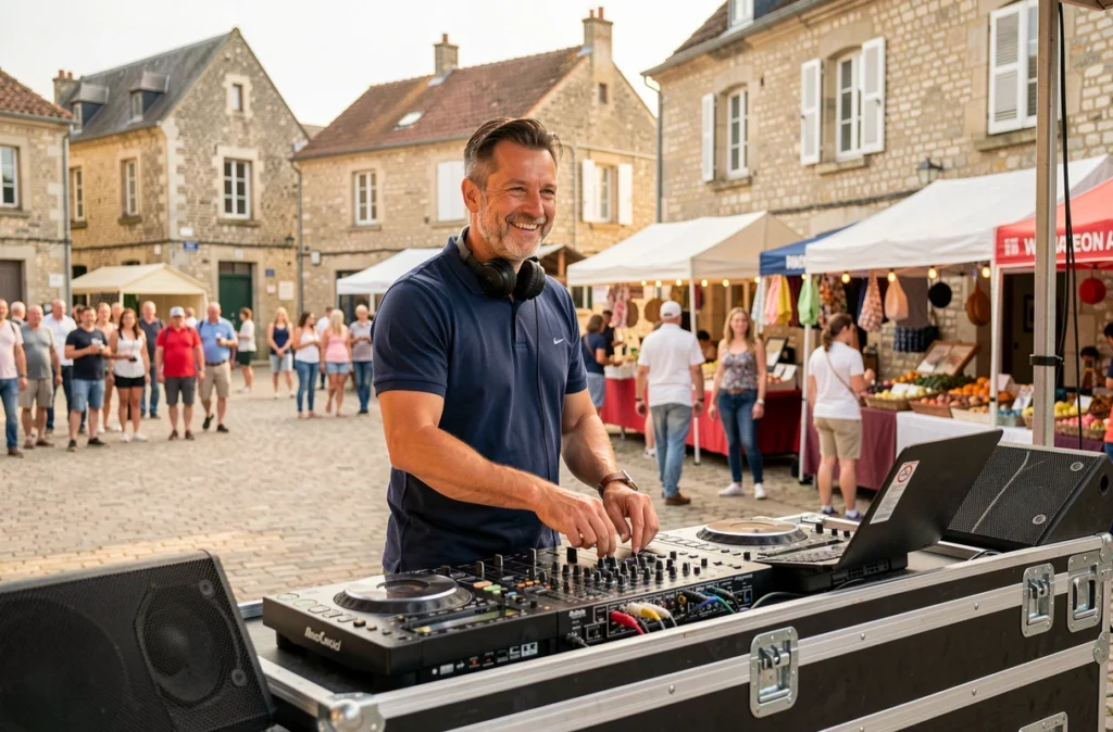 DJ de MIX AND MATCH Pays de la Loire animant un événement régional en plein air dans une place de village