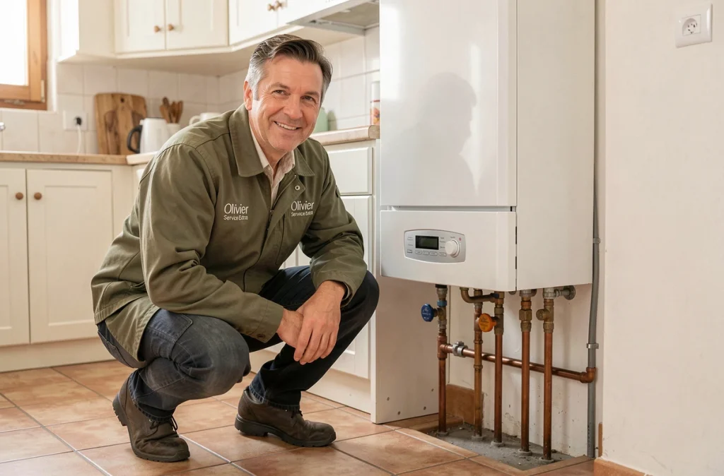 Technicien Olivier Service Extra entretenant une chaudière gaz dans une maison du Gard