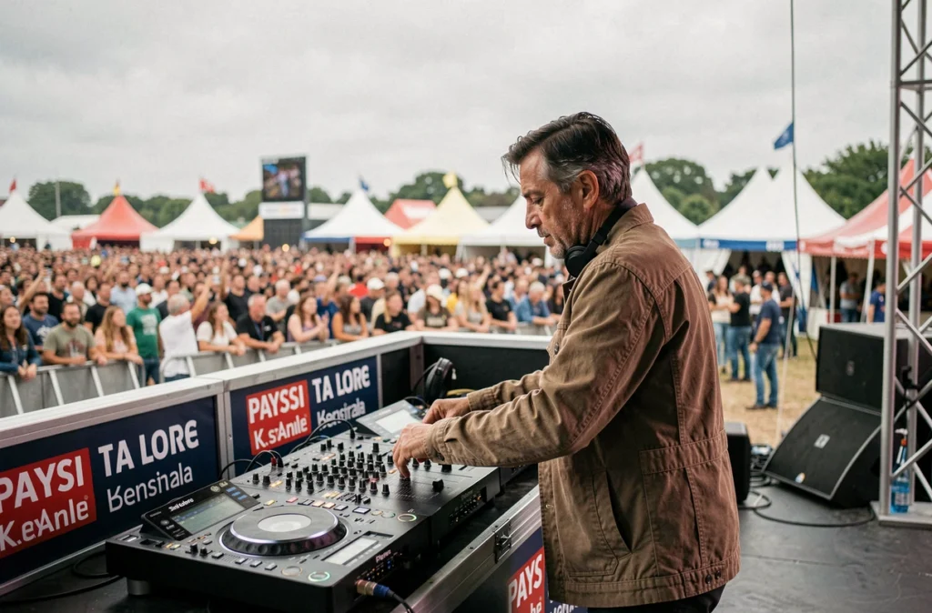 Pierre Fradin en performance lors d'un festival en plein air en Pays de la Loire derrière une grande console DJ