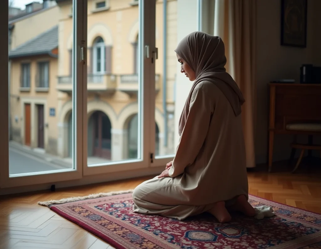 Jeune femme musulmane en prière sur un tapis de prière dans un appartement de Grenoble avec vue sur la ville