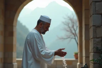 Homme musulman effectuant ses ablutions avant la prière du fajr à Grenoble avec les montagnes du Vercors en arrière-plan