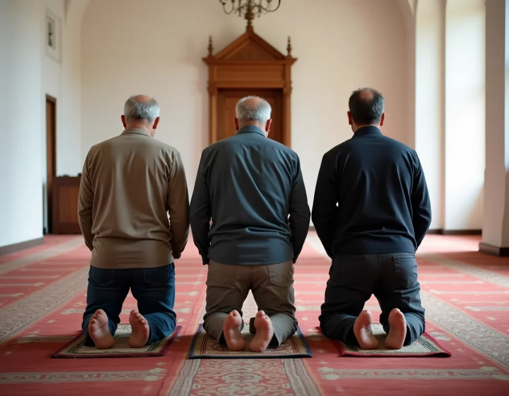 Groupe d'hommes en train de prier ensemble dans une mosquée de Grenoble lors de la prière de l'asr ou du maghrib