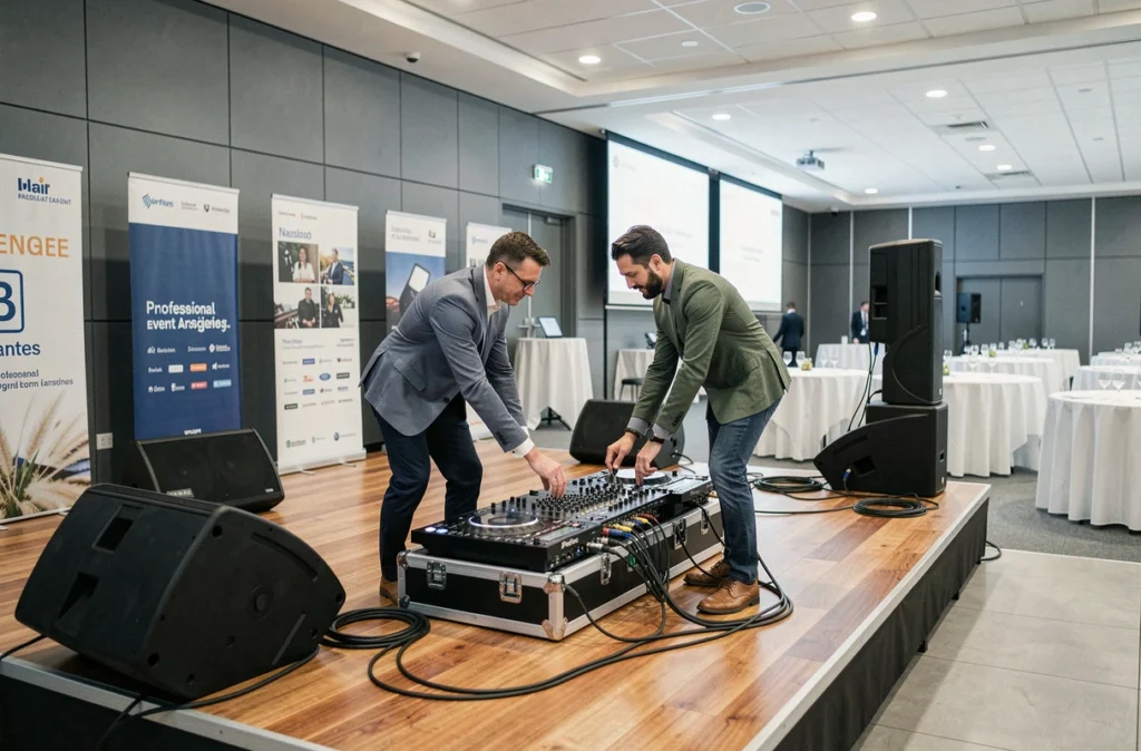 Équipe de l'agence RCEvénementiel installant un équipement DJ professionnel dans une salle événementielle de Nantes