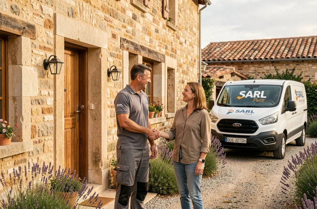 Technicien de la SARL Petit saluant un client satisfait devant une maison provençale dans le Gard