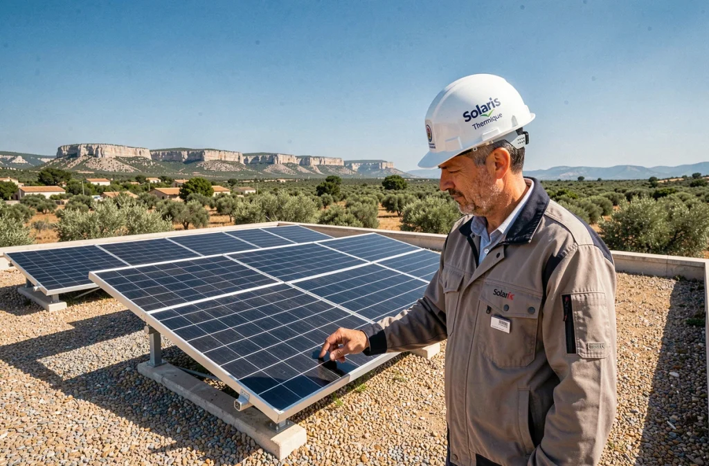 Ingénieur Solaris Thermique inspectant des capteurs solaires thermiques sur un toit dans le Gard