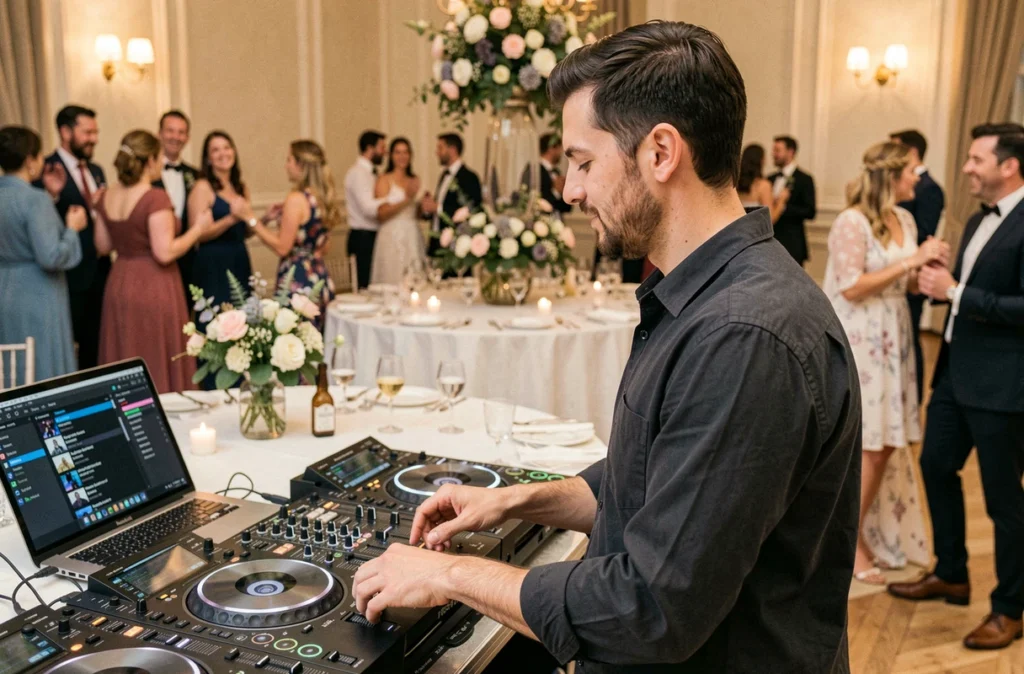 DJ Spynelly en performance lors d'une réception de mariage à Angers avec invités dansant en arrière-plan
