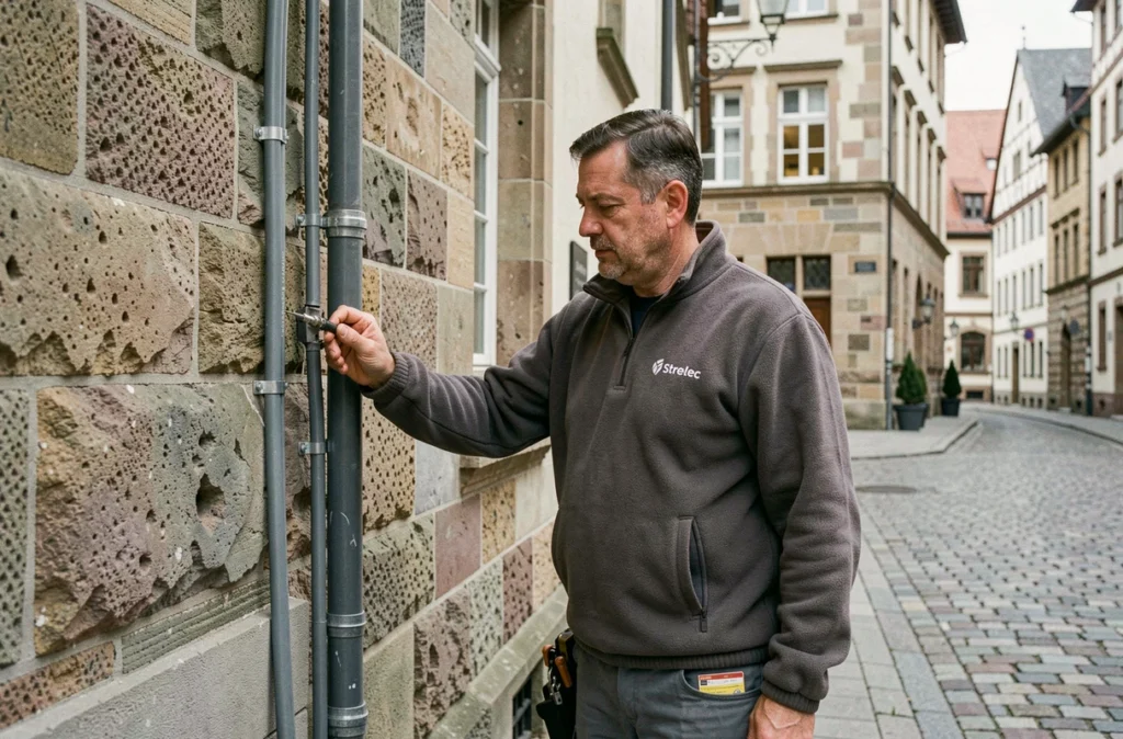Électricien Strelec posant des gaines électriques sur la façade d'un immeuble traditionnel à Strasbourg