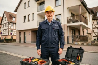 Électricien professionnel devant une façade alsacienne à Strasbourg, représentant le top 10 des électriciens de la ville