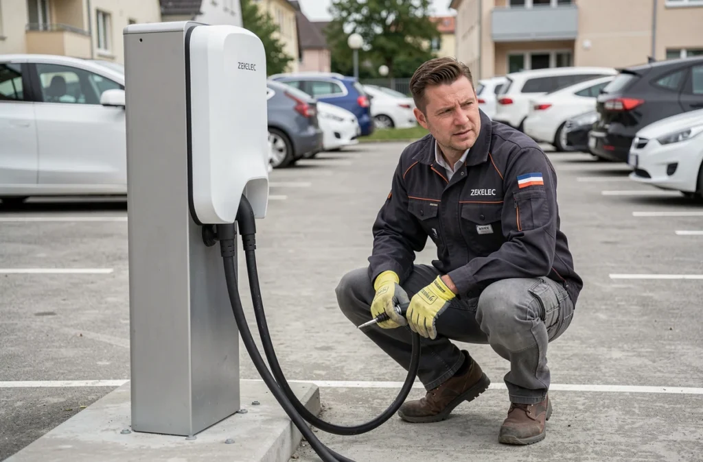 Électricien Zekelec installant une borne de recharge IRVE dans un parking résidentiel à Strasbourg
