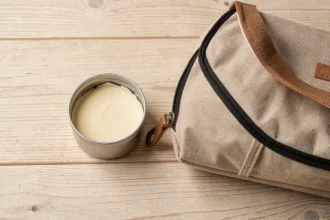 Boîte de feuilles de savon posée près d'une trousse de voyage