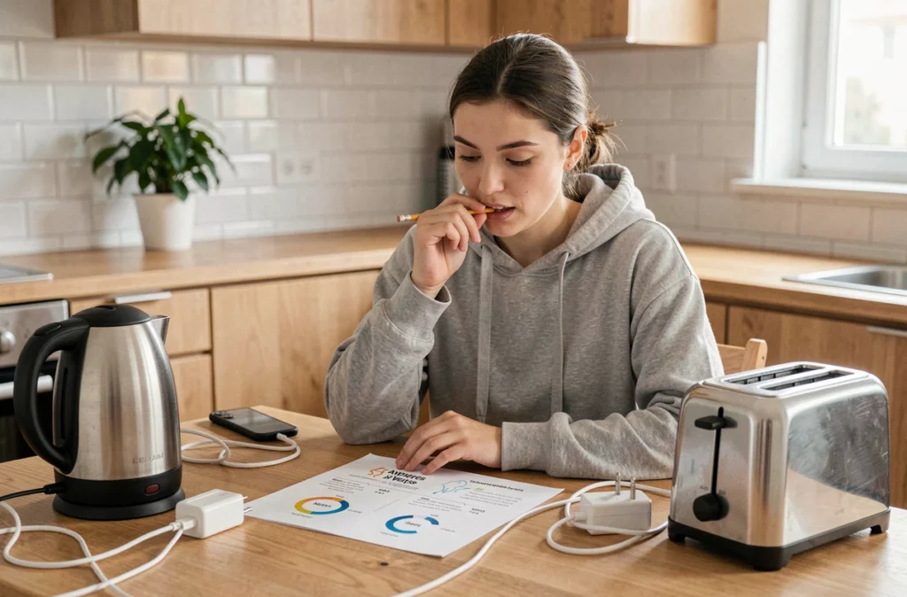 Femme à la cuisine comparant la consommation en ampères et en watts d'appareils électroménagers du quotidien