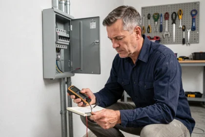 Électricien mesurant des ampères avec un multimètre numérique devant un tableau électrique résidentiel